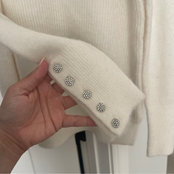 Boden Ivory Crewneck Crystal Button Cuff Knit Pullover Sweater - Picture 3 of 5